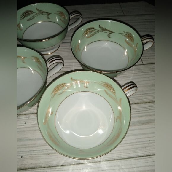 Noritake China 5267 Alice Tea Cups Set Of 6 Wide Green Border Gold Wheat Print - Picture 6 of 9